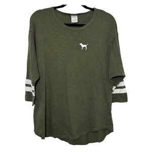 Victoria's Secret PINK Nation Jersey Tee Olive Green 3/4 Sleeve Graphic Top L